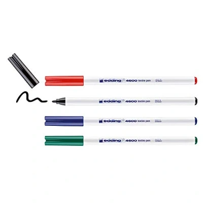 Abbildung von edding 4600 Textilstift schwarz, rot, blau, grün 4 Stück Rundspitze 1 mm Textilstifte waschmaschinenfest (60 C) zum Stoff bemalen Stoffmalstift