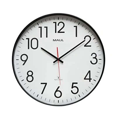 Abbildung von Maul Wanduhr MAULclimb Ø 47 cm extragroße Funkuhr stilvolle Uhr für Wohnbereich, Schlafzimmer, Küche, Büro und Besprechungsraum gut lesbar Dank großen Ziffern Schwarz
