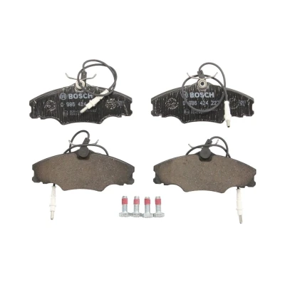 Abbildung von BOSCH 0 986 424 227 Bremsbelagsatz Low Metallic mit integriertem Verschleißsensor Anti Quietsch Blech, Schrauben Zubehör