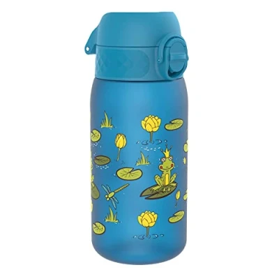 Abbildung von ION8 Kinder Trinkflasche, 350ml, Auslaufsicher, Einhandöffnung, Sichere Verriegelung, Spülmaschinenfest, BPA frei, Tragegriff, Klappdeckel, Leicht zu Reinigen, Klimaneutral, Froschteich Design