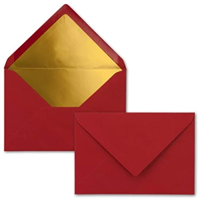 Abbildung von 10x Briefumschläge B6 mit Gold Innenfutter 12,5 x 17,6 cm Dunkelrot (Rot) gefüttert metallic Papier Nassklebung FarbenFroh by GUSTAV NEUSER