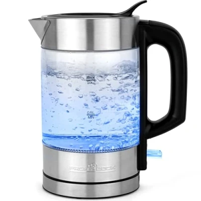 Abbildung von ProfiCook Wasserkocher Glas Edelstahl mit LED Beleuchtung hitzebeständiger Glaswasserkocher Einhandbedienung Wasserstandanzeige 1 Liter Teekocher 1600 Watt PC WKS 1229