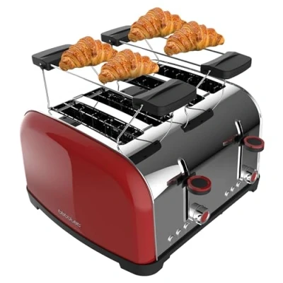 Abbildung von Cecotec Vertikaler Toaster Toastin&#039; time 1700 Double Red, 1700W, Doppelter kurzer und breiter Schlitz 3,8 cm, Obere Stäbe, Edelstahl, Automatische Abschaltung Pop up Funktion, Krümelablage