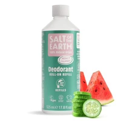 Abbildung von Natural Deodorant Roll On Refill by Salt of the Earth, Melon &amp; Cucumber Vegan, Long Lasting Protection, Leaping Bunny Approved, Made in UK 525ml