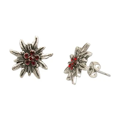 Abbildung von Alpenflüstern Trachten Ohrstecker Strass Edelweiß mini Damen Trachtenschmuck, Ohrringe antik silber farben mit Steinen (rot) DOR033