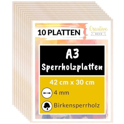 Abbildung von Creative Deco 10 x A3 Sperrholzplatte 4mm Birkensperrholz 420 300 (+/ 0,5) mm Dünne Holz Zuschnitte Perfektes Blatt für Laubsäge, Brandmalerei, Laserschnitt, CNC Router, Durchbrochenes