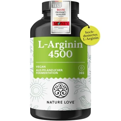 Abbildung von NATURE LOVE® L Arginin 365 Kapseln Hochdosiert: 4500mg HCL (davon 3.750 mg Arginin) je Tagesdosis Fermentation aus Mais In Deutschland produziert, vegan, laborgeprüft