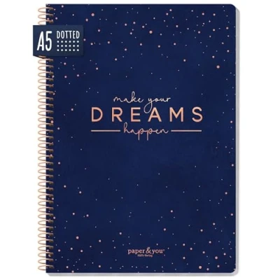 Abbildung von paper&amp;you® Bullet Journal dotted A5 mit Spiralbindung &quot;Make your dreams happen&quot; 160 Seiten, Notizbuch gepunktet Spirale, College Block, Spiral Notizblock nachhaltig &amp; klimafreundlich