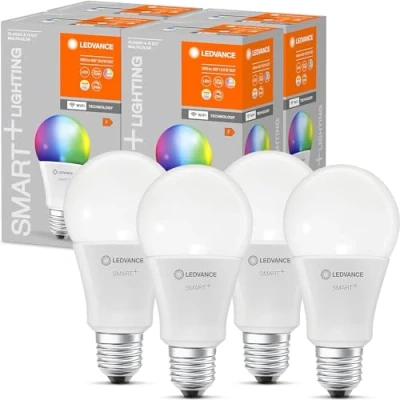 Abbildung von LEDVANCE Smarte LED Lampe mit WiFi Technologie, Sockel E27, Dimmbar, Lichtfarbe änderbar (2700 6500K), RGB Farben änderbar, ersetzt Glühlampen 75W, SMART+ Classic Multicolour, Multi Pack Weiß