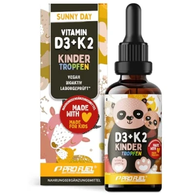 Abbildung von Vitamin D3 + K2 KINDER Tropfen 1000x mit 650 IE vegan 20 µg bioaktives MK7 (Pharmaquinone®) Immunsystem &amp; Knochen laborgeprüft Zertifikat Vorrat für 11 Monate