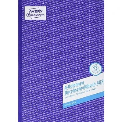Abbildung von AVERY Zweckform 452 Kolonnen Durchschreibbuch 4 (A4, mit 1 Blatt Blaupapier, Spaltenbuch, Geschäftsbuch, für Deutschland und Österreich zum Erstellen von Original Kopie, 2x50 Blatt) weiß