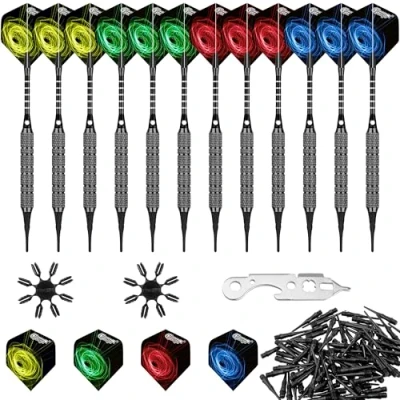 Abbildung von CyeeLife 12 Stück Soft Dartpfeile 18 Gr. mit Aluminium schäften und Extra Spitzen+Darttool+Flights+Flightkappen