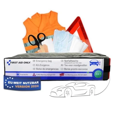 Abbildung von First Aid Only Kfz Set Verbandtasche DIN 13164 mit Warndreieck und 2 x Warnweste Auto Erste Hilfe für HU &amp; TÜV Verbandskasten Motorrad P 10021