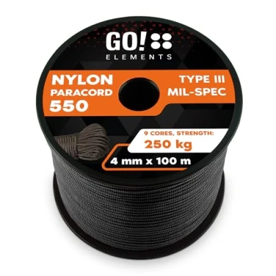 Abbildung von GO!elements 100m Paracord Seil aus reißfester Nylonschnur 4mm 550 Typ III Schnur geeignet als Allzweckseil &amp; Reepschnur Max. 250kg, Farbe:Schwarz