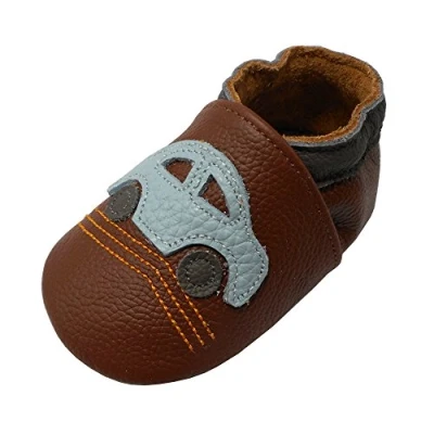 Abbildung von YALION Premium Weich Leder Babyschuhe Krabbelschuhe Lauflernschuhe Hausschuhe mit Auto Braun, EU 24/25=XL