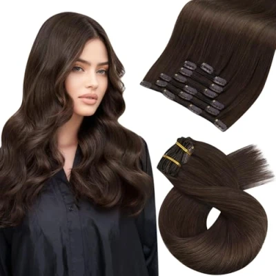 Abbildung von Moresoo Clip in Extensions Echthaar, Salon Qualität Weiches Glattes Haar 55 cm 7 Stück 120g #4 Dunkelbraun, Leicht zu Tragen Solide und Langlebig