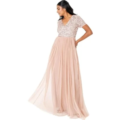 Abbildung von Maya Deluxe Damen V Neckline Embellished Maxi Bridesmaid Dress, Taupe Blush, 46 EU
