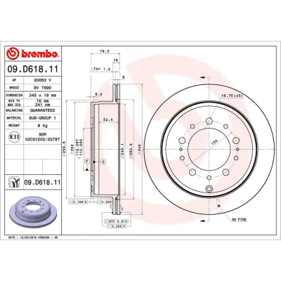 Abbildung von BREMBO 09.D618.11 Bremsscheibe 345 18 5 innenbelüftet beschichtet TOYOTA: Land Cruiser 200