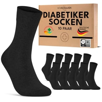 Abbildung von 10 Paar Diabetikersocken für Herren &amp; Damen ohne Gummibund Naht aus Baumwolle Diabetiker Socken mit Komfortbund Gummi 70208T (Schwarz 43 46) WP