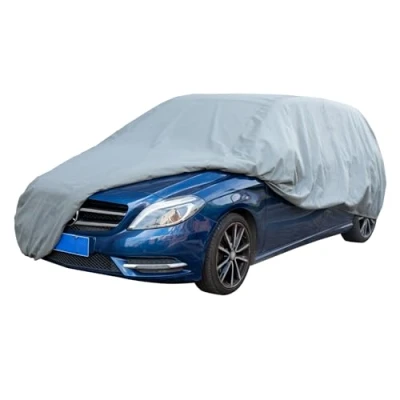 Abbildung von Leader Accessories 3 lagige atmungsaktive Vollgarage Autoplane leichte Ganzgarage Autoabdeckung für Innenbereich (Schrägheck 445x178x152cm,Hellgrau)