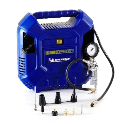 Abbildung von Michelin MB1 tragbarer Luftkompressor, ölfreier Luftkompressor mit 1 m Schlauch, Reifenfüller Manometer und 6 Ventiladaptern, Max. Druck 8 Bar, 1,5 PS Leistung