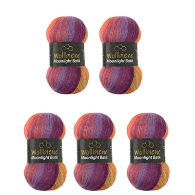 Abbildung von Wollbiene Moonlight Batik 5 x 100g Strickwolle 500 Gramm Wolle zum Stricken und Häkeln 20% türkische Farbverlaufswolle (5600 lila beere orange)