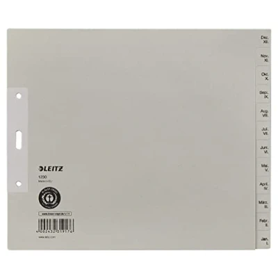 Abbildung von Leitz Register, 12 Trennblätter, Taben mit Monatsdruck Dez Jan, 5 Stück, Halbe Höhe und Überbreite, Grau, 100% recyceltes Papier, Blauer Engel Siegel, 12303085