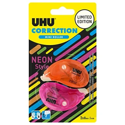 Abbildung von UHU Korrekturroller Neon Mini Korrekturband schnell, sauber und präzise, weiß, 2 Stück, 6 m x 5 mm