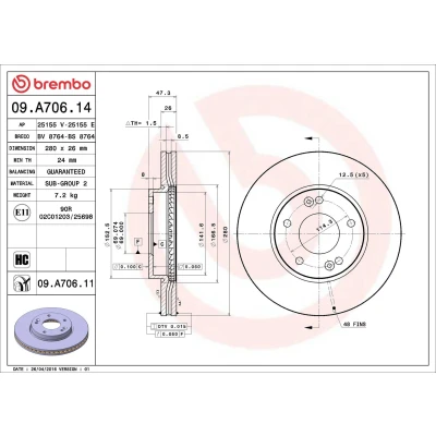 Abbildung von BREMBO COATED DISC LINE 09.A706.11 Bremsscheibe 280 26 5 innenbelüftet beschichtet hochgekohlt KIA: CARENS 3, 2