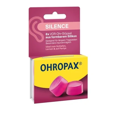 Abbildung von OHROPAX Silence Ohrstöpsel pinke VOR Ohr Stöpsel aus formbarem Silikon dermatologisch getestet für alle Ohren geeignet Schalldämmwert SNR 23 dB zum Schlafen, Lernen und Party 6 Stück