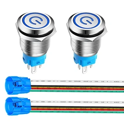 Abbildung von Gebildet 2Stücke 16mm Edelstahl Latching Drucktastenschalter 12V 24V 5A Power Symbol LED 1NO1NC SPDT ON Off Wasserdichter Kippschalter mit Steckdose Stecker (Blaue LED)