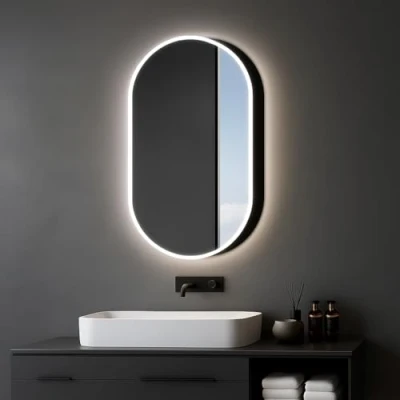 Abbildung von Talos Spiegelschrank mit Beleuchtung Oval Vento 45x80 cm schwarz Bad 2 Ablageflächen Aluminium Rückwand verspiegelt