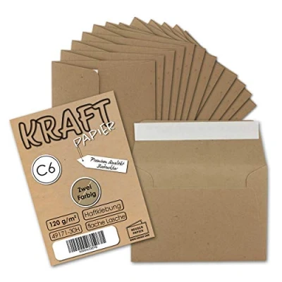 Abbildung von 50x Briefumschläge DIN C6 Kraftpapier Braun Vintage Recycling Kuverts mit Haftklebung 114 x 162 mm