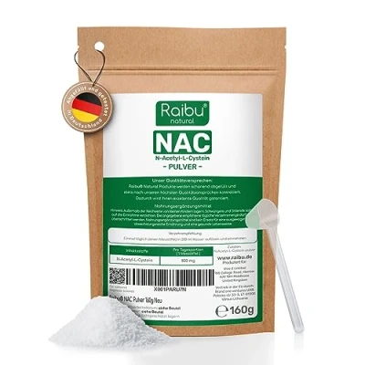 Abbildung von Raibu NAC Pulver 160g pro Beutel für mehr als 6 Monate Acetyl L Cystein in bester Qualität N 100% rein und ohne Zusätze Deutschland produziert