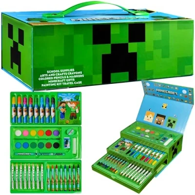 Abbildung von Minecraft kinder künstlerkoffer, Ausmalen, Malen, und Zeichenset, 40 teilig Art Set For Kids mit Mini Malbuch, Aquarell, Buntstiften, &amp; mehr, Schulsachen