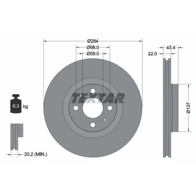 Abbildung von TEXTAR 92053500 Bremsscheibe 284 22 04/06 98 innenbelüftet ohne Radbefestigungsbolzen, Radnabe FIAT: BRAVO 2, 500 Hatchback, Stilo Multi Wagon