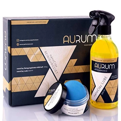 Abbildung von Aurum Performance® Reinigungsknete mit Gleitmittel zur professionellen Autopflege Entfernt mühelos Flugrost, Insektenreste, Lackablagerungen nanoClay Set (Lackknete mild + Spezial Gleitspray)