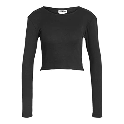 Abbildung von Noisy may Damen Einfarbiges Langarm Crop Top Basic Geripptes Stretch Rundhals Oberteil NMMAYA