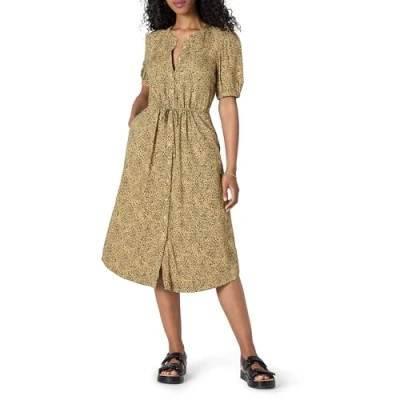 Abbildung von Amazon Essentials Damen Tailliertes A Linien Midikleid mit halblangen Ärmeln in lockerer Passform, Schwarz Kamelbraun Tiermuster, S