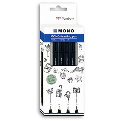 Abbildung von Tombow Fineliner MONO drawing pen, Bold Set, Pigmenttinte, Wasser und Lichtresistent, zum Illustrieren Zeichnen, schwarz, 4er WS EFL H B 4P