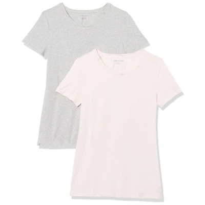Abbildung von Amazon Essentials Damen Kurzärmeliges T Shirt mit Rundhalsausschnitt, Klassischer Schnitt, 2er Pack, Hellgrau Meliert/Hellrosa, XL