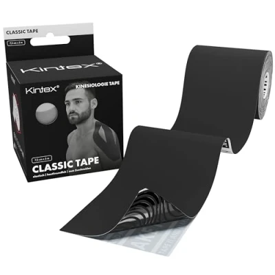 Abbildung von Kintex Kinesiologie Tape Classic, 7,5 cm x 5 m, extra breit, hautfreundlich &amp; wasserfest, Tape, Physio für Sport Physiotherapie (Schwarz)