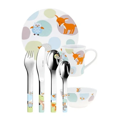 Abbildung von Puresigns WOODY Kindergeschirr Set 7 teilig Edelstahl &amp; Porzellan mit Waldtier Motiven in Pastellfarben Spülmaschinenfest Mikrowellengeeignet Ideal für Jungs und Mädchen