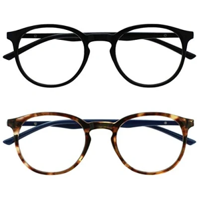 Abbildung von OPULIZE Met Lesebrille Blaulichtfilter 2er Pack Schlank Runder Rahmen Federscharniere Verbessert Schlaf Computer Gaming Entspiegelt Schwarz Braun Herren Damen BB60 12 +3.00