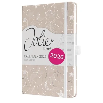 Abbildung von SIGEL J6349 Wochenkalender 2026 ca. A5, beige, weiß, Hardcover, Gummiband, Stiftschlaufe, Einstecktasche, 174 Seiten, vegan, Buchkalender, Terminplaner Taschenkalender Jolie
