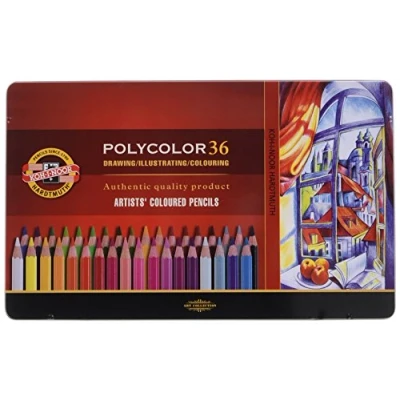 Abbildung von Koh I Noor POLYCOLOR 3825 Farbstifte/Zeichenstifte für Künstler in Metall Geschenkbox farbig sortiert, 36er Set