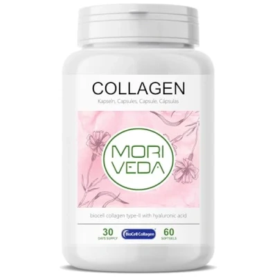 Abbildung von BioCell Collagen Kapseln Monatsvorrat mit Type II Hyaluronsäure und Chondroitinsulfat hohe Bioverfügbarkeit für Haut Haare &amp; Gelenke von MoriVeda 1 x 60