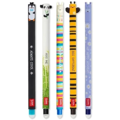 Abbildung von LEGAMI Set mit 5 radierbaren Gelstiften thermoempfindlicher Radiertinte, verschiedene Tintenfarben und Schaftdesigns, 0,7 mm Spitze, Pinguin, Panda, Lama, Biene Nilpferd