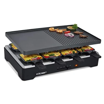 Abbildung von Cloer 6446 Raclettegrill mit Aluminium Druckguss Platte beidseitig verwendbar, 1200 W, 8 antihaftbeschichtete Raclettepfännchen, schwarz