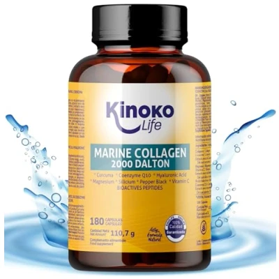 Abbildung von Kinoko Life Marine Kollagen Kapseln 180 Kapseln, Hyaluronsäure, Pflanzenextrakte, Coenzym Q10, Vitamin C, Magnesium, Leucin, Kurkuma Collagen Hyaluron Q10 Hochdosiert